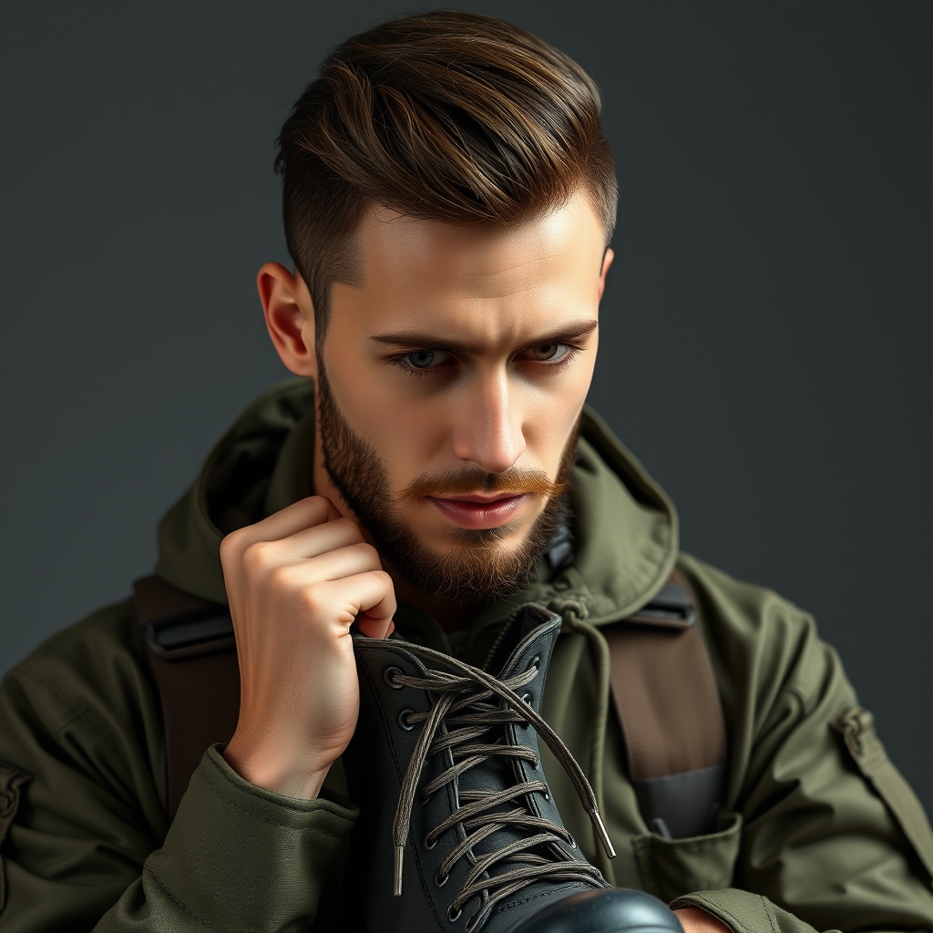 ببن یه فردی که پسره و قدش ۱۸۵ سانته و کمی ریش داره و موهاش مدلی که بهش میاد رو زده
زده و لباس نظامی تنشه و داره بند های پوتینشو میبنده بساز9