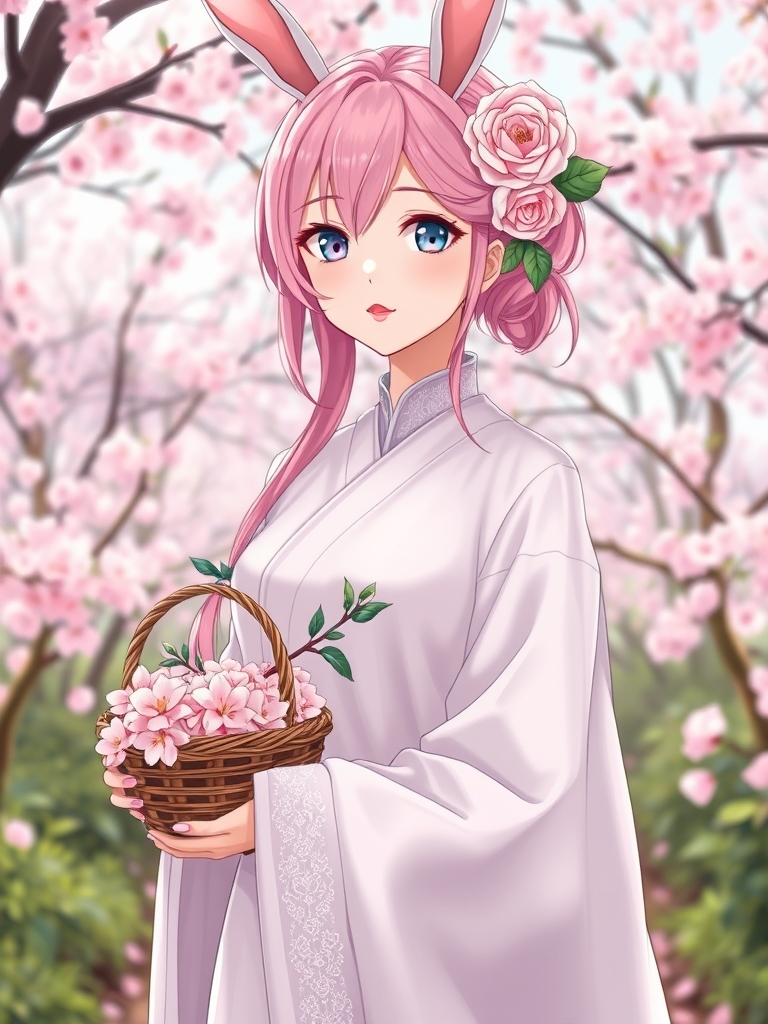 یک دختر خیلی زیبا با موهای صورتی پاستیلی،چشمان بنفش و آبی پاستیلی ترکیبی،لب های برجسته قرمز،موهایی که جلوش به صورت کج روی صورتش ریخته و تا پایین چانه اش هست،با رنگ صورتی پاستیلی پشتش بلند و قسمتیش به صورت خرگوشی بسته شده پوستش سفید و بینی کوچیک داشته باشه،یه لباس خیلی زیبا برگرفته از مروارید قیمتی تنش باشه در باغ قصر که پر شکوفه های گیلاس است و دختر هم یک سبد شکوفه گیلاس در دست دار و بک گل رز زیبا هم در موهایش است14