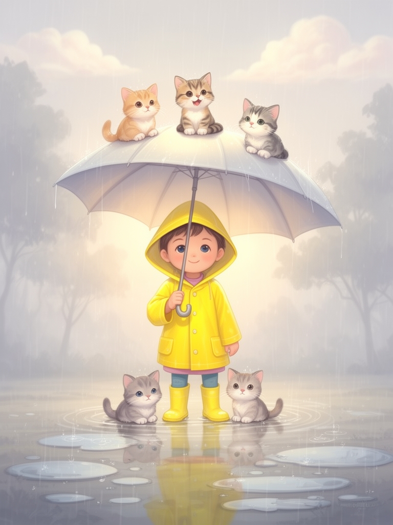 تصویری در سبک کارتونی شاعرانه با رنگهای لطیف و فضای بارانی؛ شخصیت کودکانهای با لباس بارانی در حال تعامل با چند گربهی کوچک، در محیطی آرام و خیالانگیز. گربهها روی چتر و کنار پای کودک نشستهاند، با انعکاسهایی در آب و حس بازیگوشی و همدلی. ترکیب عناصر طبیعت، باران، و حیوانات خانگی با تأکید بر آرامش، تنهایی دلنشین، و ارتباط عاطفی با محیط. فضای کلی باید حس لطافت، امنیت، و خیالپردازی کودکانه رو منتقل کنه.2