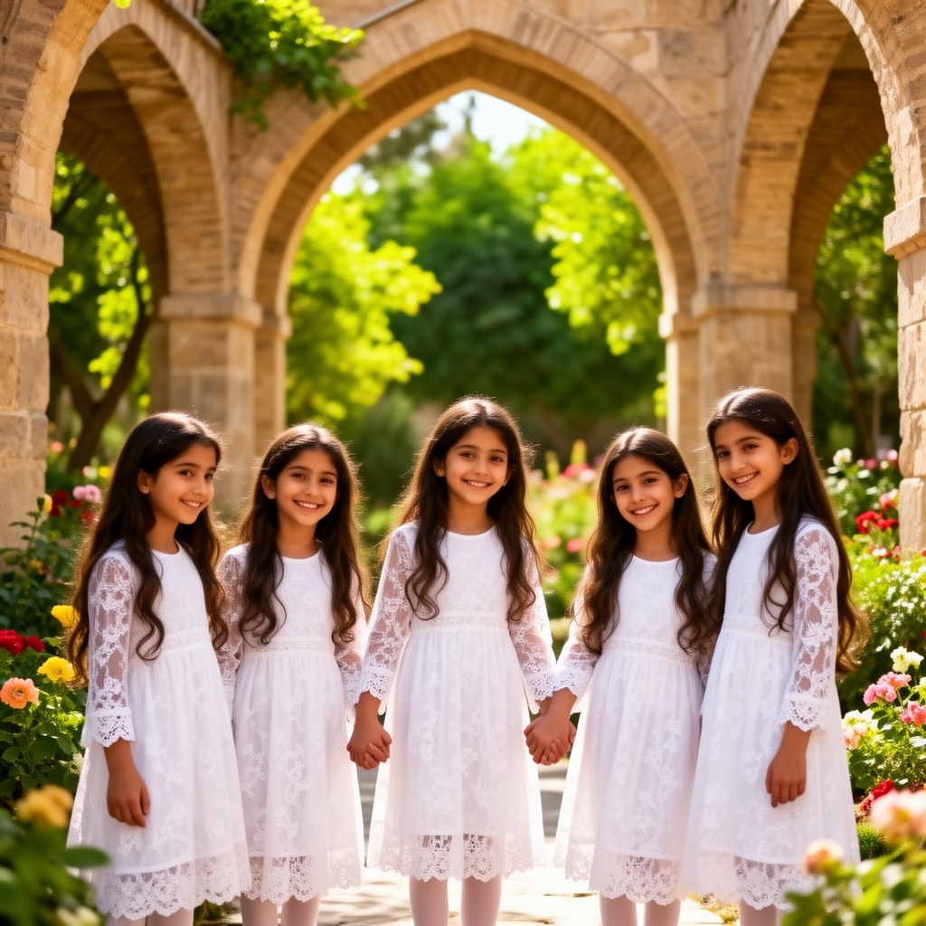 عکسی از ۵ دختر بچه زیبا با موهایی بلند و لباس سفید دانتل در طاق بستان کرمانشاه

5