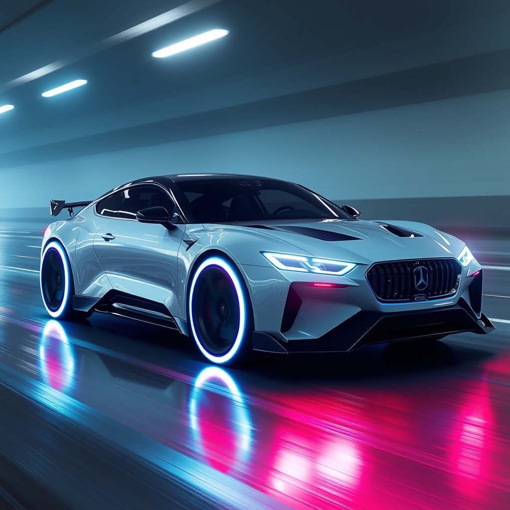 یک ماشین آینده نگر با لاستیک هولوگرافیک در حال حرکت است.5