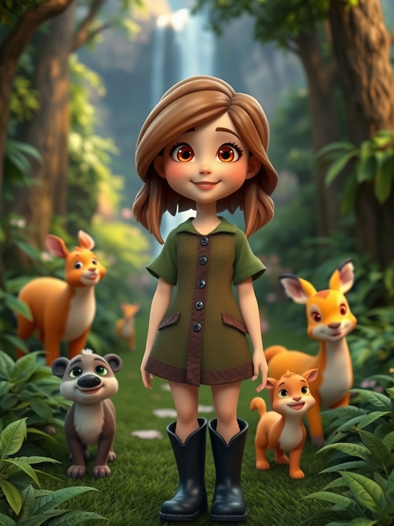 عکس یک دختر با لباس جنگل بانی با بوت های مشکی و چشمانی کهربایی و لبی همچون گل قرمز و گونه های پر از کک و مک و موهای قهوهای روشن که در وسط جنگلی سرسبز ایستاده و حیوانات پشت سرش ایستاده اند و یک آبشار هم دیده میشود به سبک دیزنی و 3D3