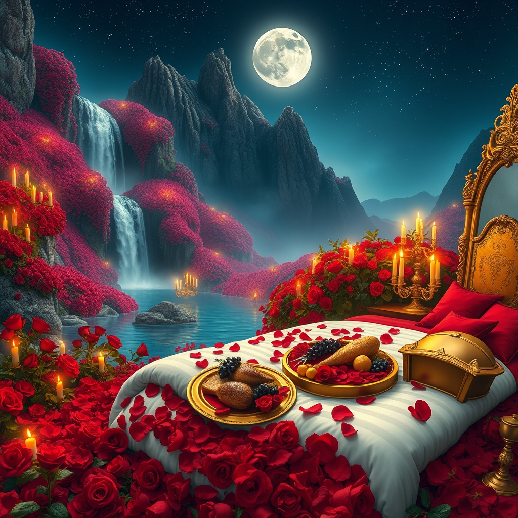 باغ بزرگ و افسانه ای پر گل سرخ در یک شب مهتابی پر ستاره
آبشارها از میان صخره های بلند کوهستانی پوشیده از گل سرخ به داخل برکه می ریزند
گوشه کنار هزاران شمع روشن ست
یک تشک گرم و نرم سفید با کوسن های قرمز پر شده با گلبرگ های سرخ دیده می شود
و سینی گرد و طلایی پر نان کباب مرغ بریان میوه خوشه انگور سرخ سیاه زرد
نزدیک تشک یک آینه تمام قد بلند از طلا ایستاده7