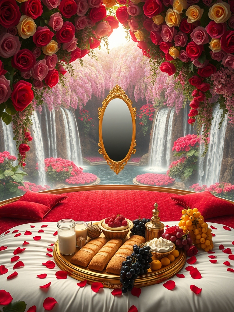 باغ بزرگ و افسانه ای پر گل سرخ لی لی یم زرد و سفید و اطلسی و شب بو
دورادور آبشارها روان به داخل برکه می ریزند وسط برکه زیر تونل افراشته از گل سرخ تشک گرم و نرم سفید با کوسن های قرمز پر شده با گلبرگ های سرخ
و سینی گرد و طلایی پر نان کره خامه عسل میوه و شیر و شیر برنج خوشه انگور سرخ سیاه زرد
یک آینه تمام قد بلند از طلا 3