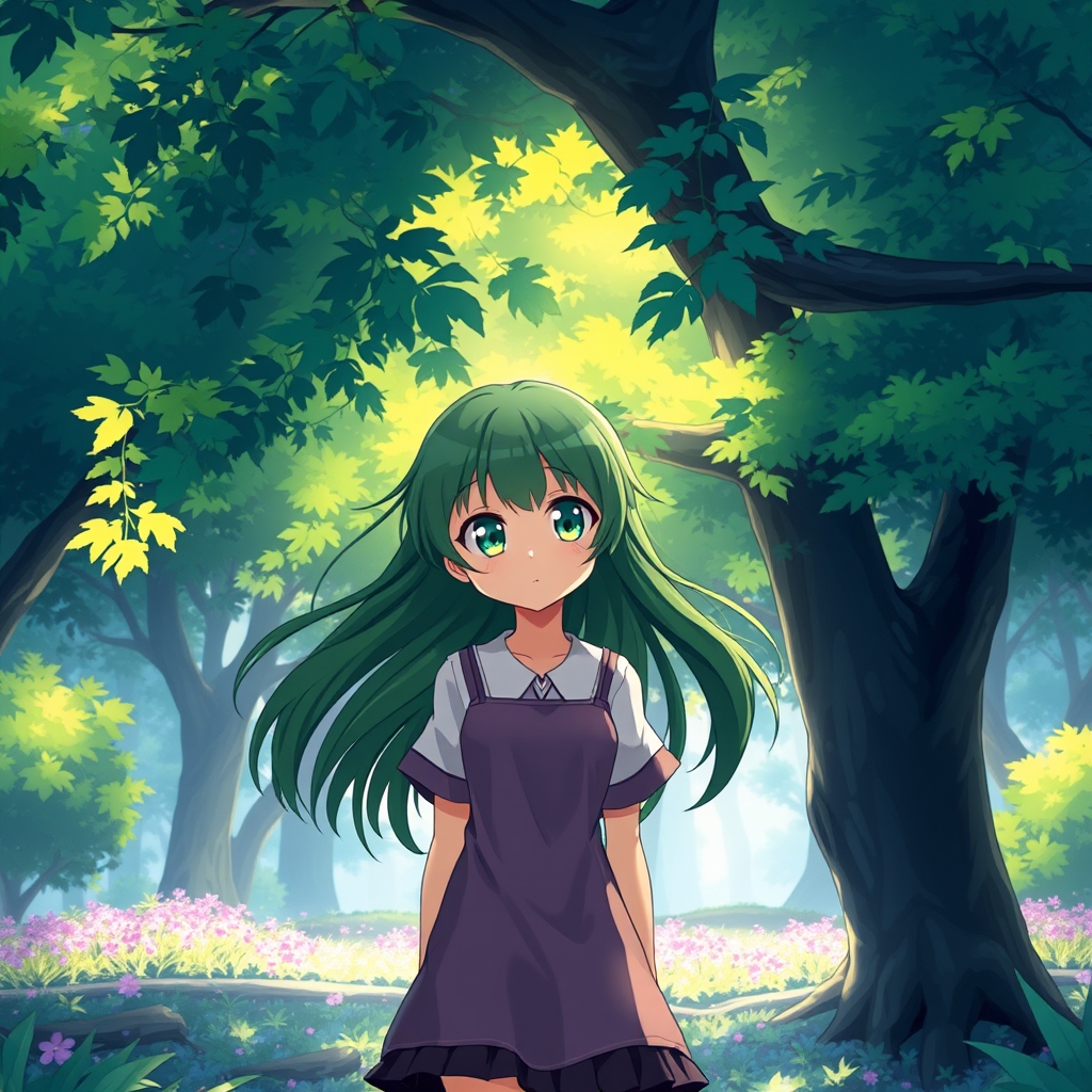 دختری که در زیر درخت چشمانش سبز رنگ شده و با موهای سبز
پریشان در جنگل6