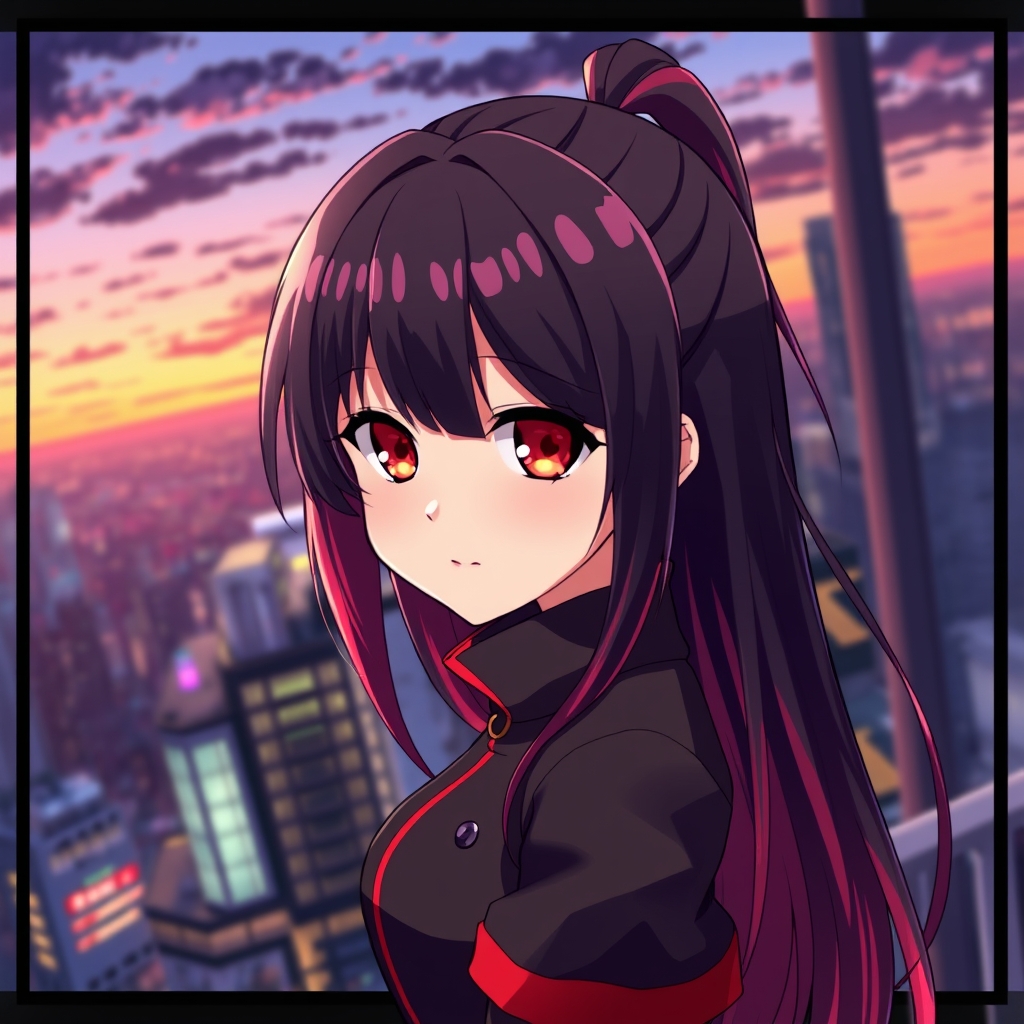 یه دختر با مو بلند مشکی که پایین مو هاش قرمز هستن . اون یه کت کوتاه مشکی با یه دامن کوتاه مشکی پوشیده و چشم های قرمز داره4