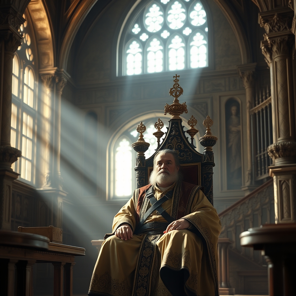 یک لرد باستانی در سالن اصلی قلعه باستانی روی صندلی ریاست20