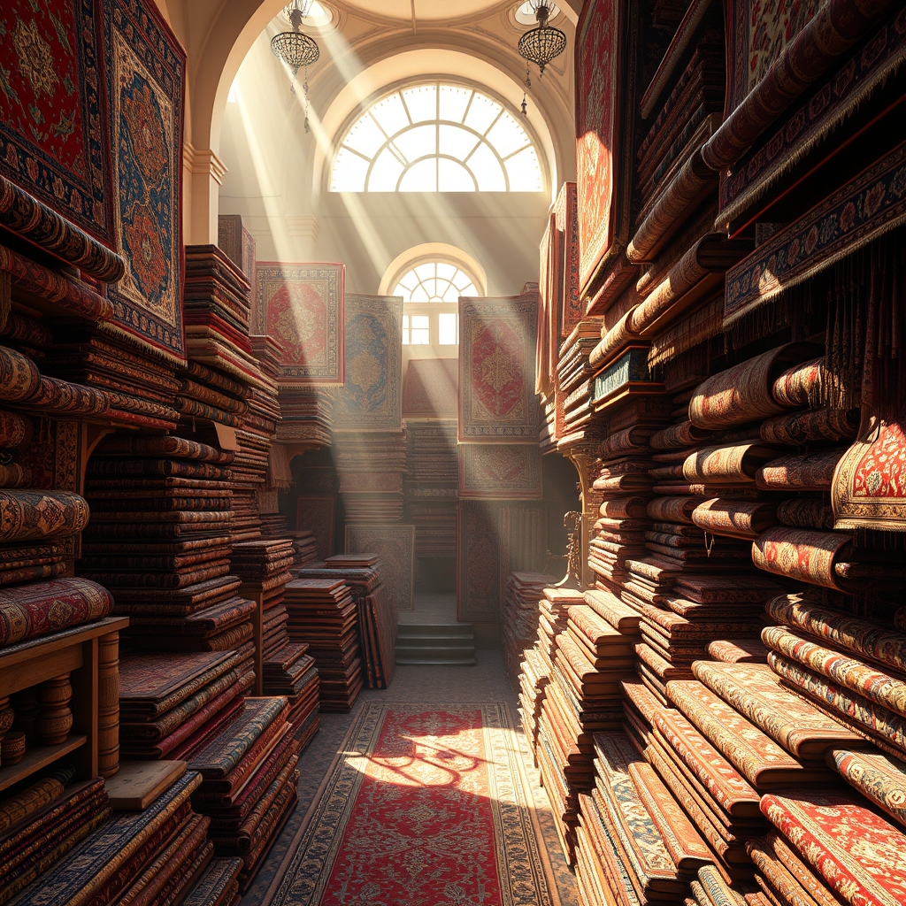 یک فروشگاه قالی ایرانی پر از طرحها و نقشهای زنده و سنتی.9