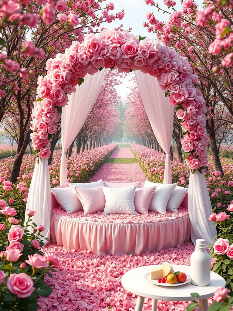 در صبح بهاری باغ گل رز صورتی در احاطه درختان پر شکوفه
 زیر تونل درست شده از گل های سرخ
 یک خیمه توری گل بهی سفید و صورتی با تخت گرد صورتی با کوسن های سفید پر از گل های رز صورتی و میز کوچک سفید با نان کره خامه عسل میوه شیر



14