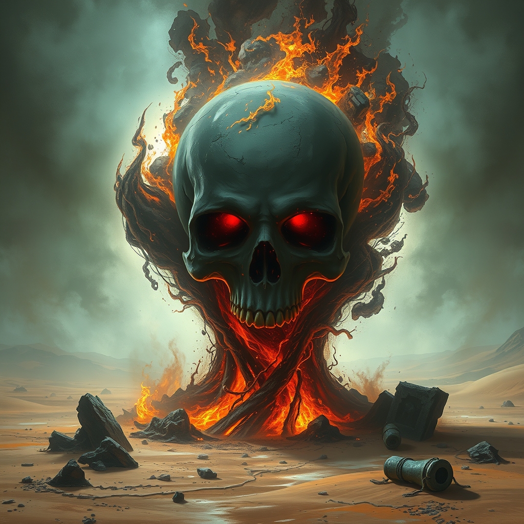 شعله های آتش سیاه که از میانش یک جمجمه روح مانند د حال اوج گرفتن است وسط بیابان.3
