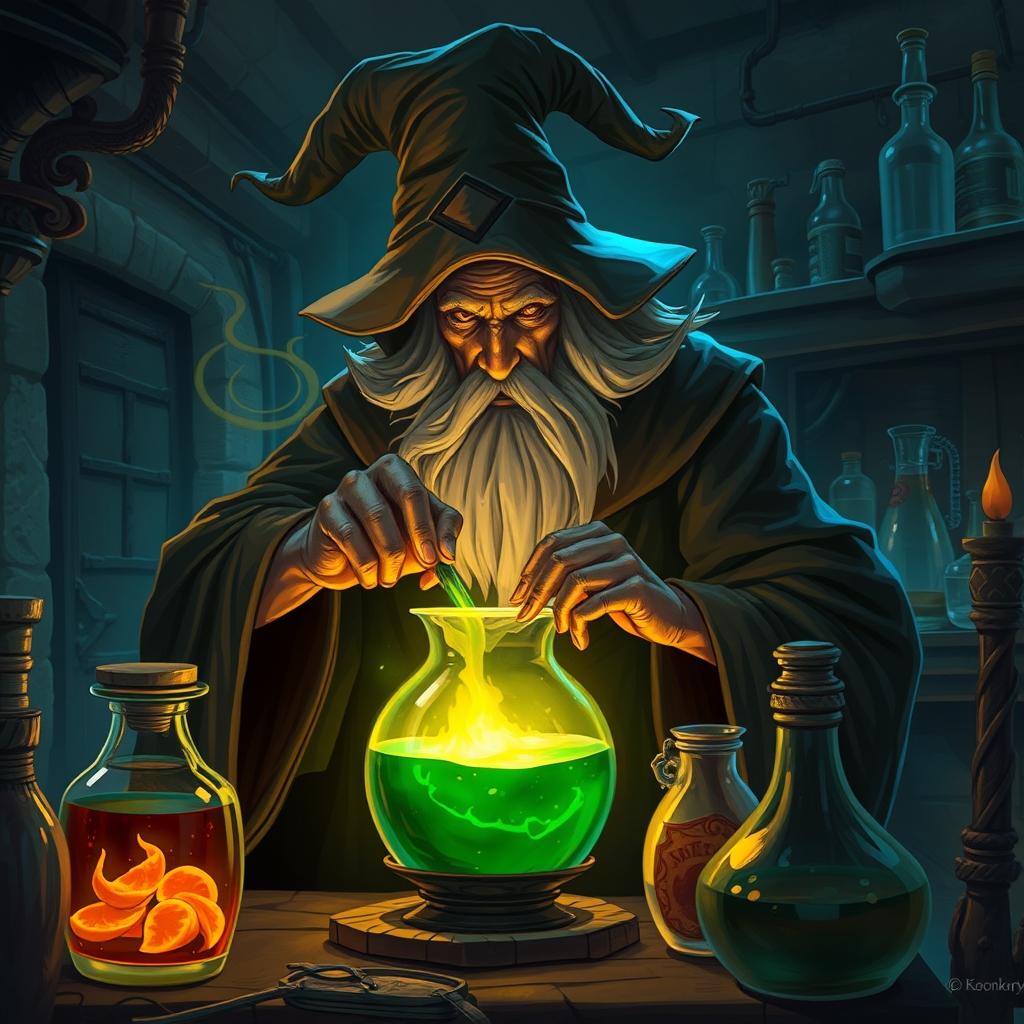 یک جادوگر اسرارآمیز در حال ساختن یک معجون درخشان در آزمایشگاهی 5