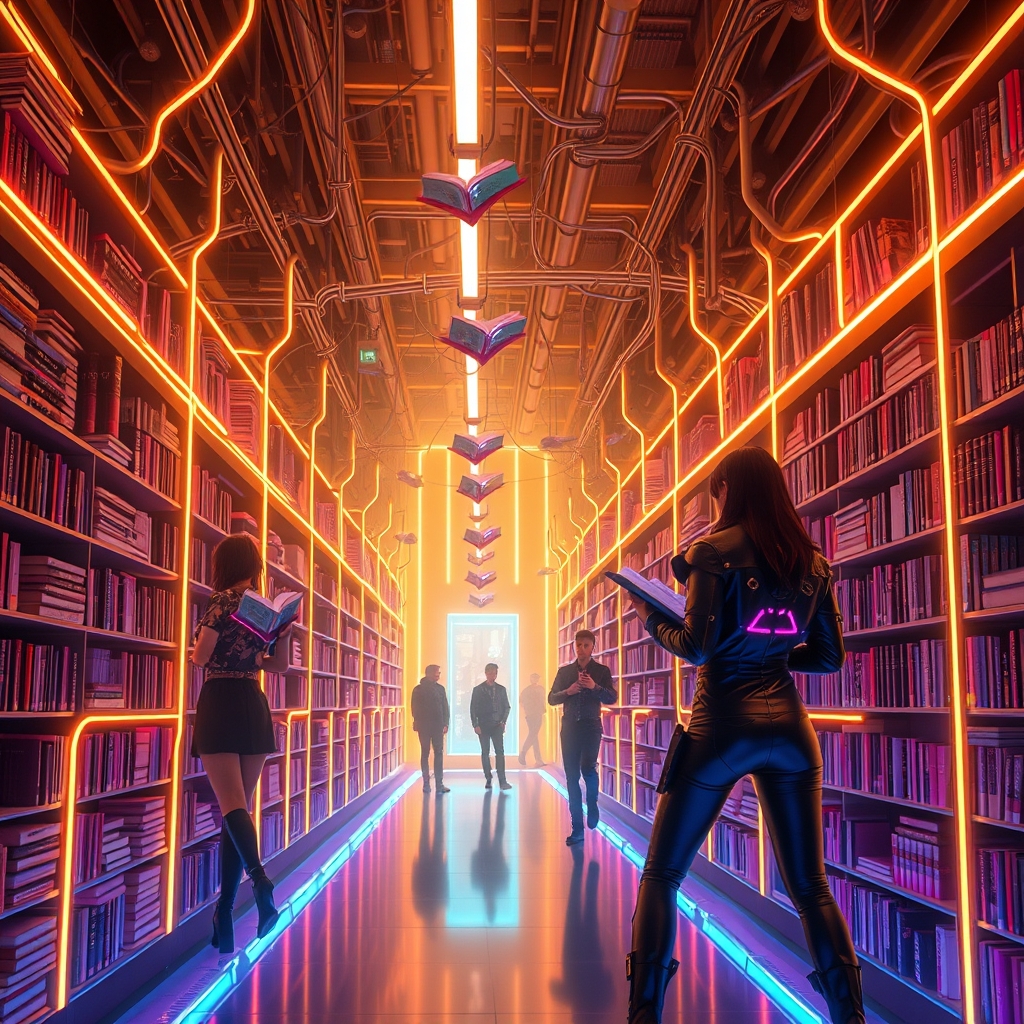 یک کتابخانه خیالی با کتابهایی شناور در هوا، روشنشده با نور طلایی.6