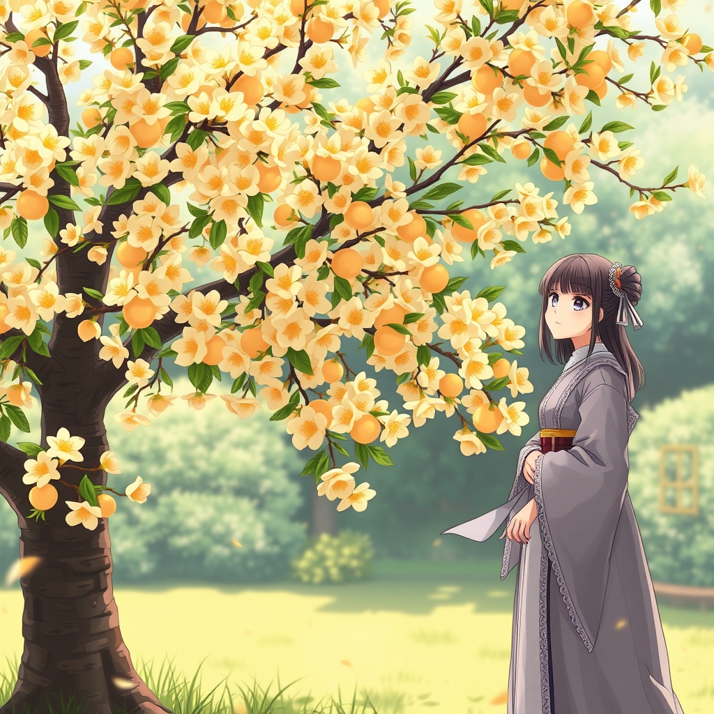 یک درخت با شکوفه های زردآلو و یک دختر ملکه الیزابت 4