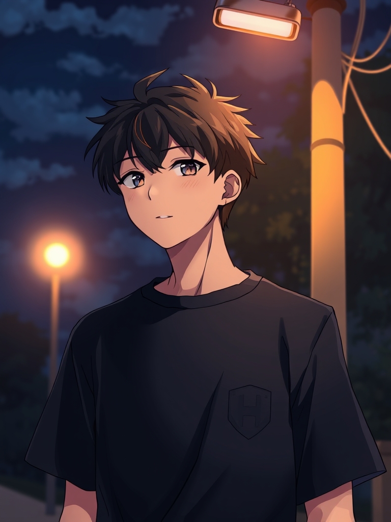 یک پسر با تی شرت سیاه در زیر تیر برق کوچکی در شب ایستاده1