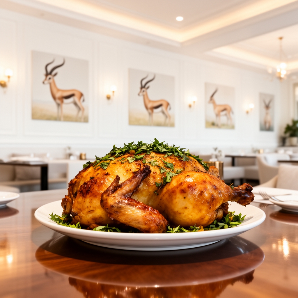 عکسی از غذای خوشمزه اکبر جوجه با جزئیات بسیار زیبا و دقیق و های لایت فوق العاده بروی میزی بسیار شیک و پس زمینه رستوران بارنگ سفید وروشن دیوارها و تابلوهای زیبای غزال روی دیوار
2