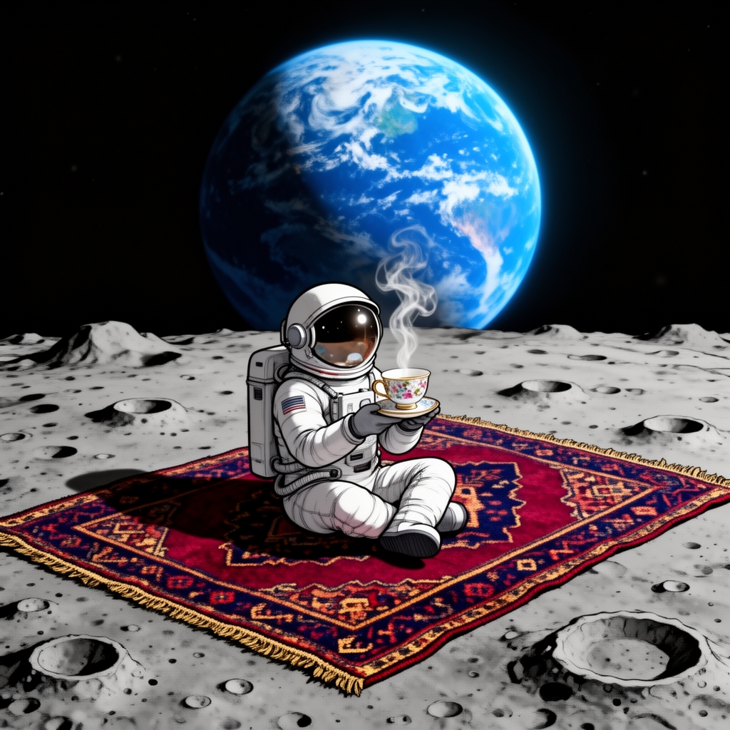 فضانوردی که روی قالیچه ایرانی وسط سطح کره ماه نشسته و چای مینوشد، کره زمین در پسزمینه دیده میشود، ترکیب طنز و سورئال.0