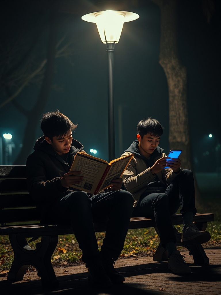 "در پارکی نیمهشب، روی نیمکتی قدیمی، دو دوست نشسته بودند. علی با کتابی کهن در دنیای کلمات گم شده بود، در حالی که رضا در نور سرد موبایل غرق بود. ناگهان، نور چراغ برق بالاسرشان، مانند اشارهای الهی، تنها بر علی و کتابش تابید. این نور نه تنها صفحات کتاب، بلکه حقیقتی بزرگتر را روشن میکرد: در دنیایی که همه در نورهای مصنوعی غرق شدهاند، تنها کسانی واقعاً میدرخشند که به دنبال نور حقیقی دانش هستند. داستانی نمادین بنویس از این لحظه و افکاری که در ذهن هر یک از این دو شخصیت میگذرد."3