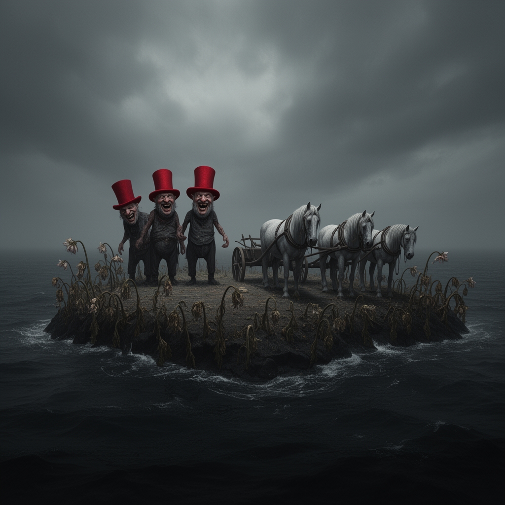 یک جزیره که رنگ جزیره سیاه باشد با سه مرد زشت و بدجنس با کلاه های بلند و قرمز که می‌خندند و اسب تکشان های غمگین و ناراحت هستند که همه ی گل های آن جزیره پژمرده باشد 2