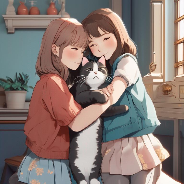 دو دختر که درحال بغل کردن هم دیگر هستند
و گربه هایی هم در کنار آنها هستند14