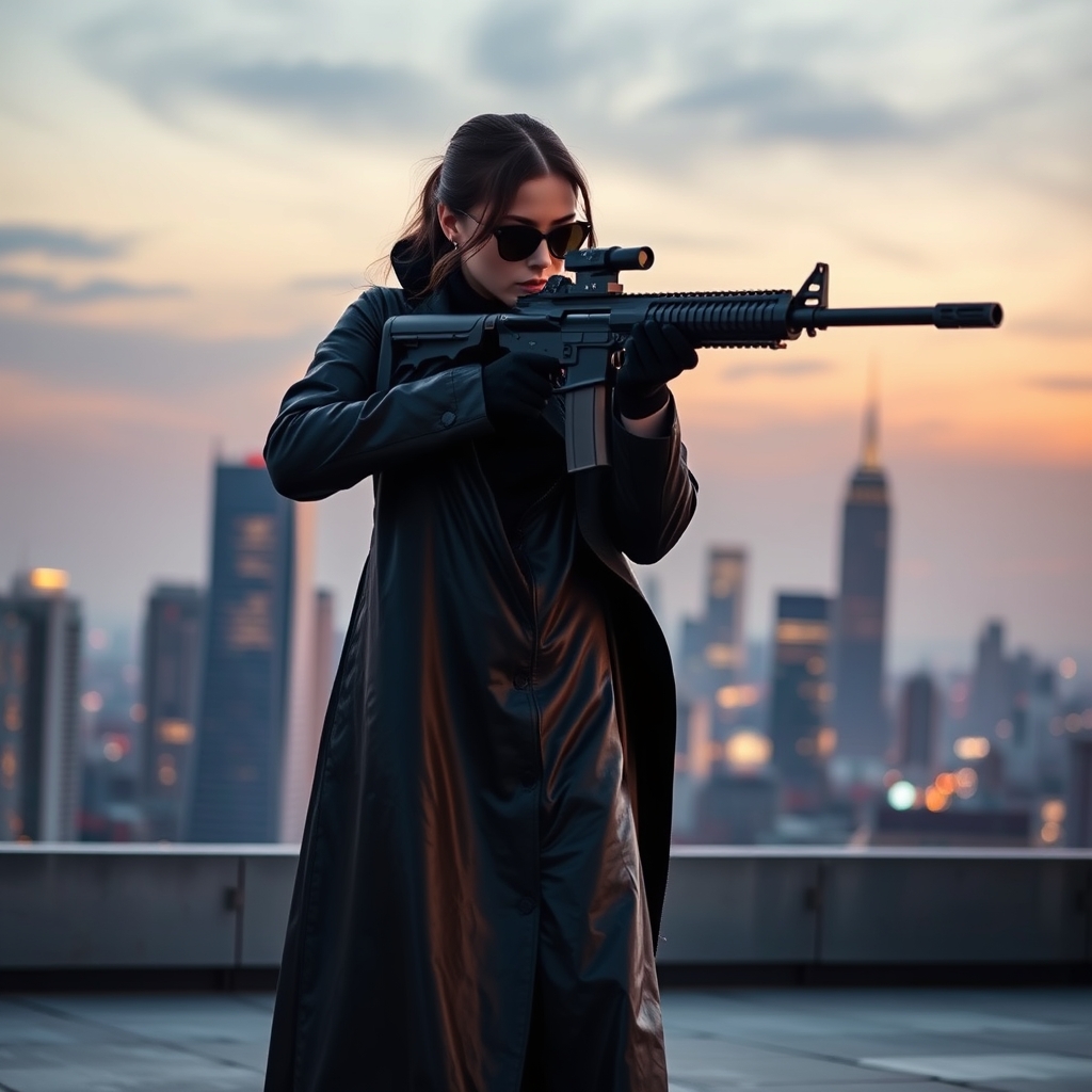 یک دختر با لباس چرم مشکی و عینک مشکی در روی پشت بوم در حال تیراندازی5