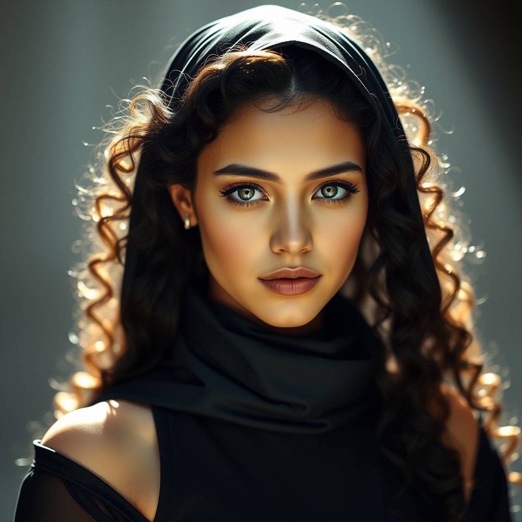  زیباترین زن جوان در جهان که شکوه خدا را داشته باشد که با موهای فر مشکی رنگ باشد و با پوستی سفید و با لبانی سرخ که با چشمانی سبز رنگ باشد که لباس مشکی رنگ جادوگری بر تن داشته باشد که پشت سرش نور ملایم می‌باشد21