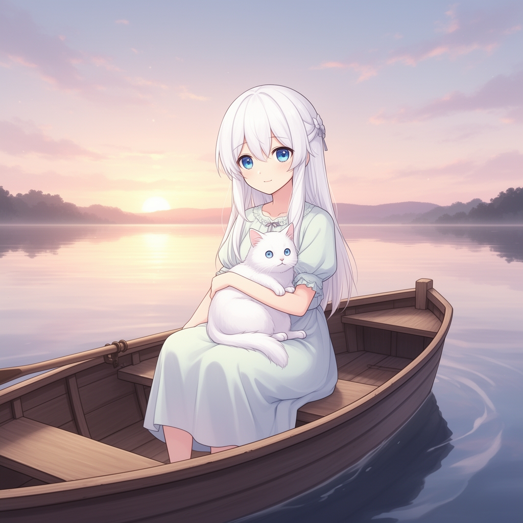 یه دختر که توی یه قایق در یک دریلچه نشته و یک گربه ی سفید زیبا هم بغلشه دختره موهاس سفید و چشماش آبیه17