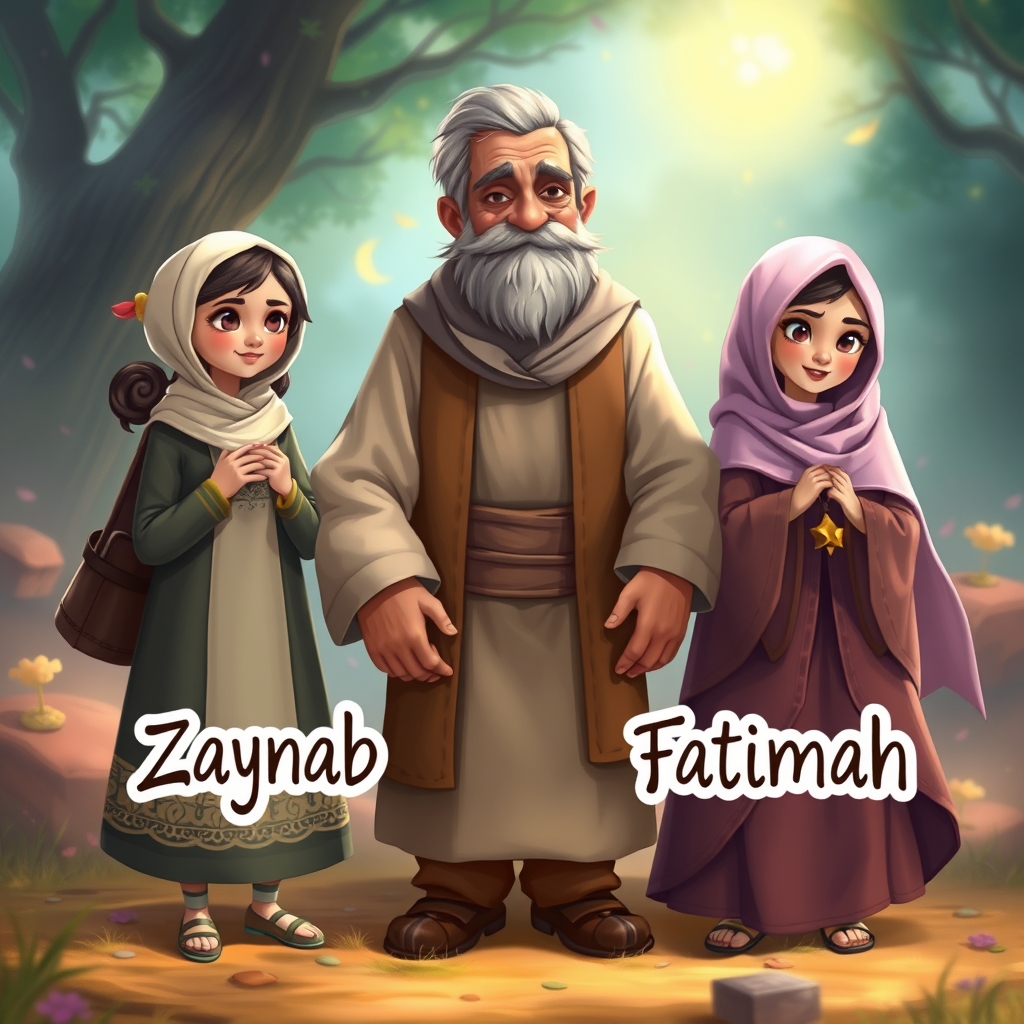 دختری در کنار عمویش استاده است نام او رو به نوشته نام او زنب است که کنار عموی مهربانش استاده و ان طرف عمویش یک دختر هم قد و قواره ی خودش که نامش فاطمه است و نامش روبه رویش نوشته شده است12