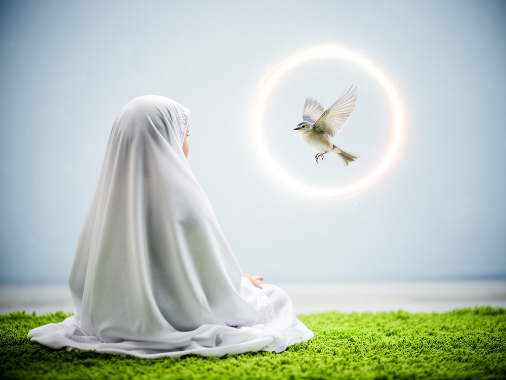 یک دختر چادری سفید در روی سجاده سبز روشن که پشتش به تصویر باشد و در روبه روی آن دختر یک حلقه نورانی باشد که تویش یک پرنده سفیر باشد ورنگ پس زمینه اش هم ابی کمرنگ مایل به سفید رویائی باشد3