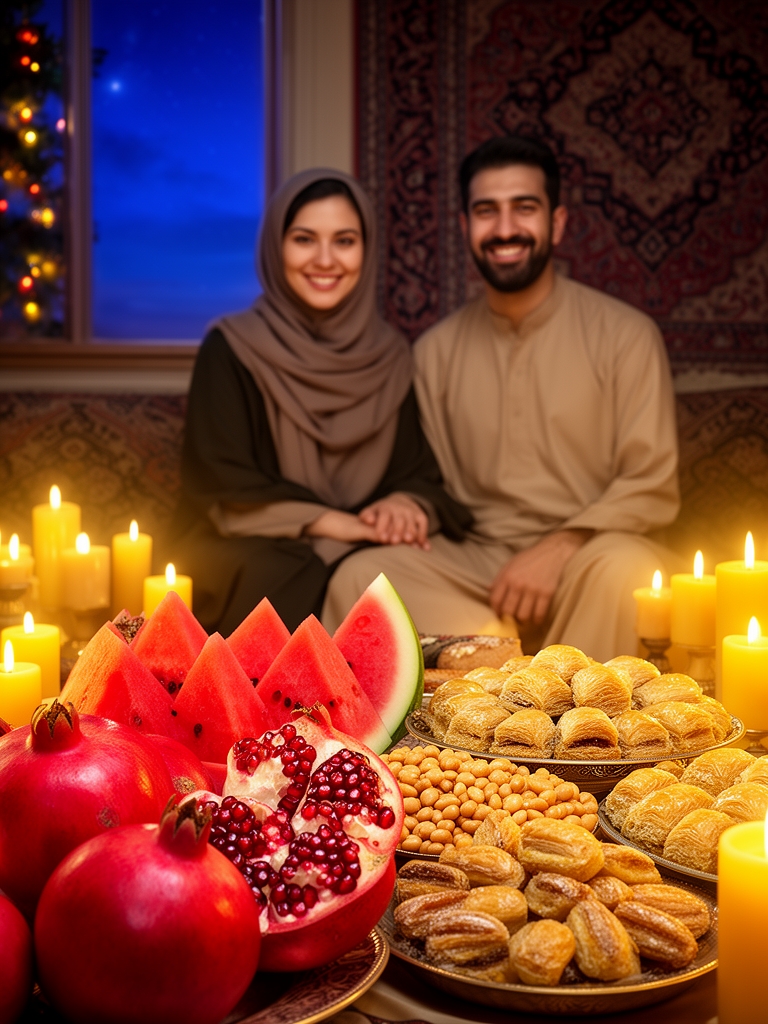 یک عکس از میز شب یلدا که در آن یک زن با حجاب ویک مرد باشد در آن سفره انار هندوانه و شیرینی باشد در ساخت عکس دقت کن1