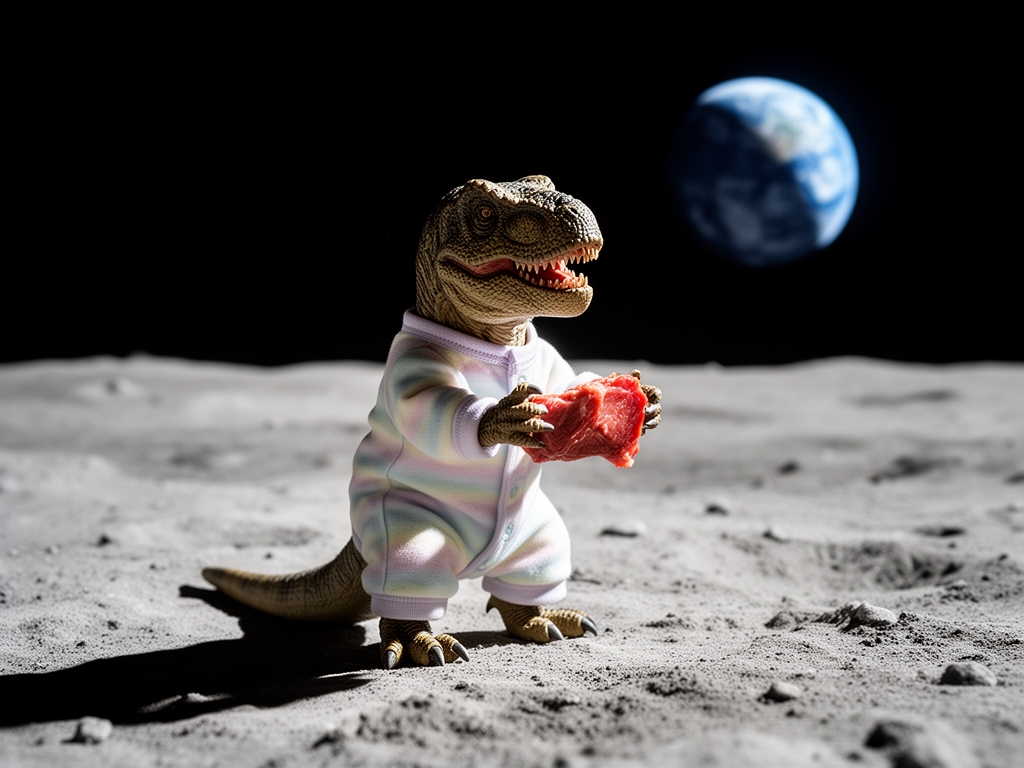    یک تیرکس کوچولو با لباس نوزاد که روی کره ی ماه نشسته و داره گوشت میخوره 5