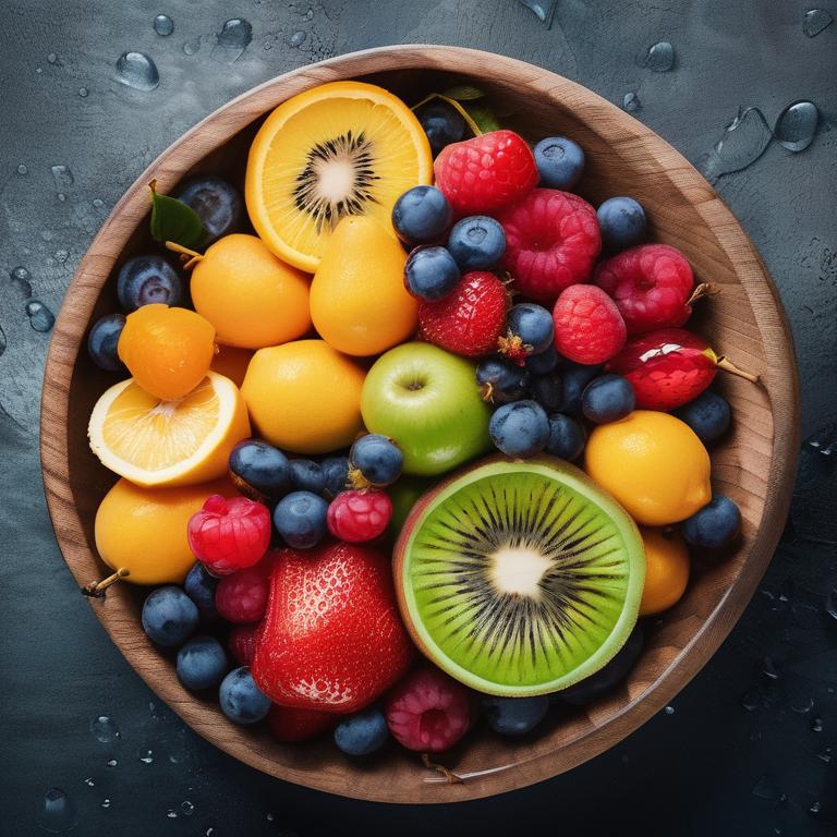 کاسهای پر از میوههای رنگارنگ تازه با قطرات آب2