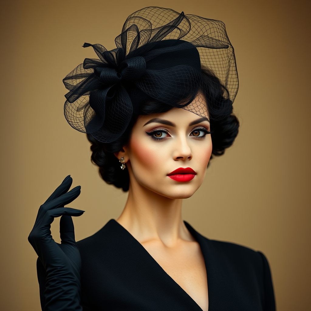 عکس قدی دختر با ارایش کلاسیک و رژلب قرمز با مو حالت دار کوتاه مشکی لباس کلاسیک فرانسوی مشکی و دستکش و کلاه تور مشکی19