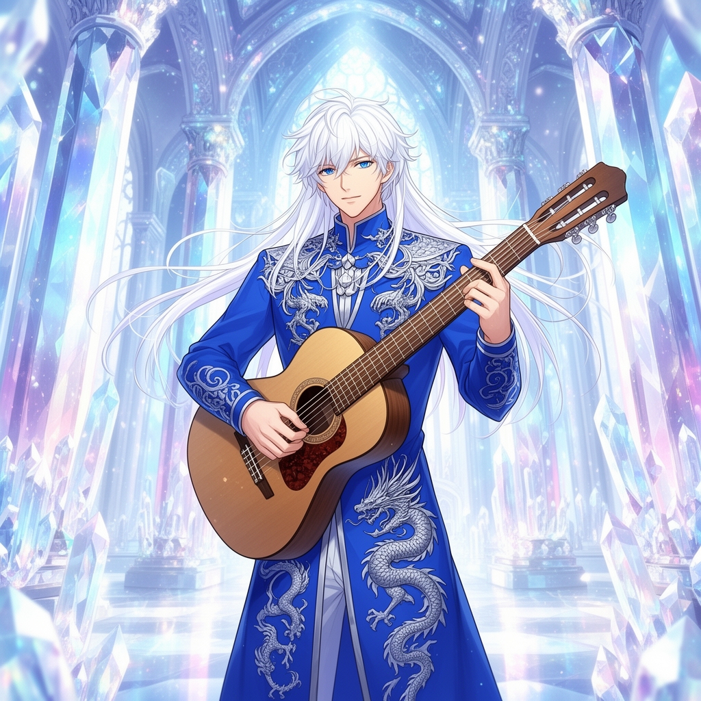 زیباترین مرد جوان در جهان حتی در رویایی که شکوه خدا را داشته باشد که نظیر آن در دنیا نباشد که همه از شدت زیبایی به او سجده کنند که با چشمان کریستالی آبی رنگ که در مردمکش دریا واقع شده است و با پوستی سفید همرنگ برف که با موهای سفید رنگ بلند که با لباس سلطنتی ابی که اژدهای نقرهای رنگی بر روی آن حکاکی شده باشد زیبایی باشد و در حال گیتار زدن باشد و داخل قصر کریستالی باشد0