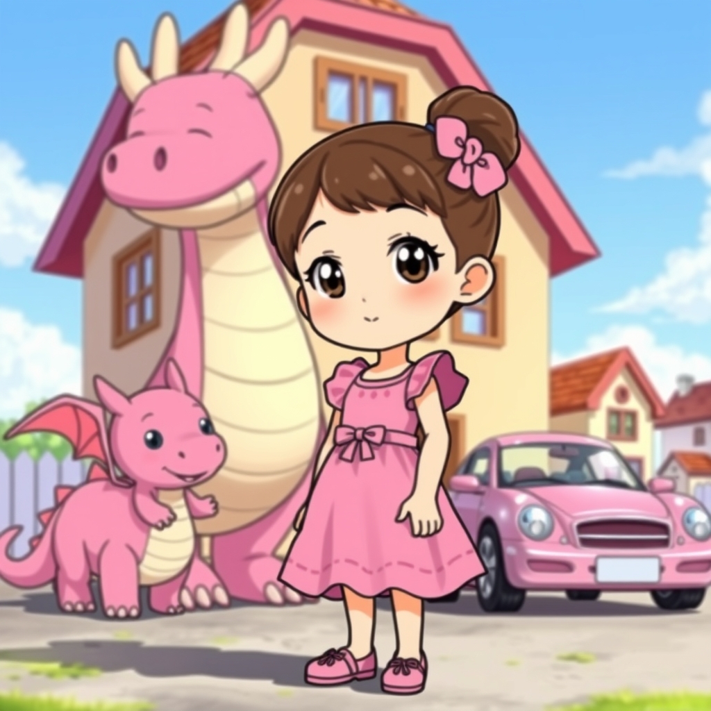 یک دختر که لبلس صورتی پوشیده  است به همراه اژدهای صورتی ماشین صورتی وخونه ی صورتی9