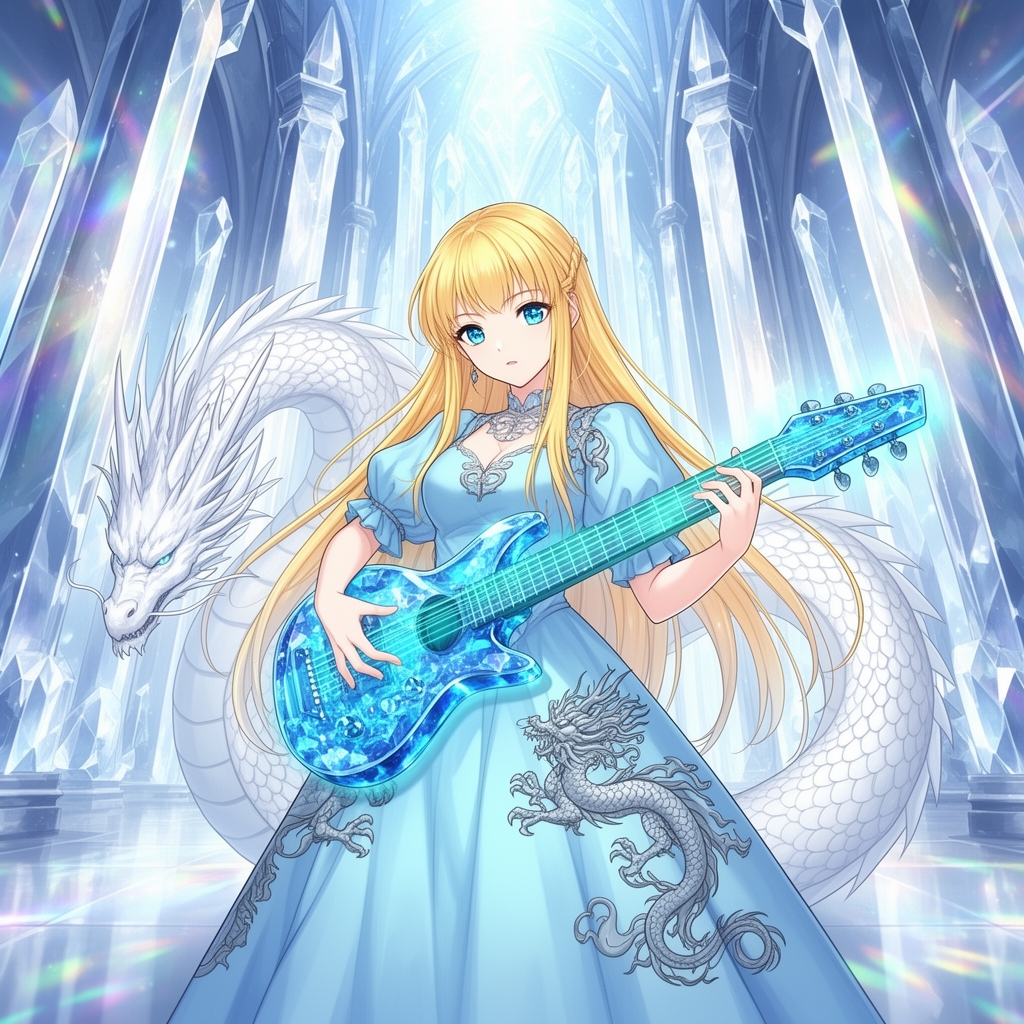 زیباترین زنی جوان در جهان حتی در رویایی که شکوه خدا را داشته باشد که نظیر آن در دنیا نباشد که همه از شدت زیبایی به او سجده کنند که با چشمان کریستالی آبی رنگ که در مردمکش دریا واقع شده است و با پوستی سفید همرنگ برف که با موهای طلایی رنگ بلند حالت دار که با لباس سلطنتی پفی آستین پفی ابی کمرنگ که اژدهای نقرهای رنگی بر روی آن حکاکی شده باشد زیبایی باشد و در حال باگیتار کریستالی آبی زدن باشد و داخل قصر کریستالی باشد و در کنارش زیباترین اژدهای کریستالی بزرگ سفید باشد 1