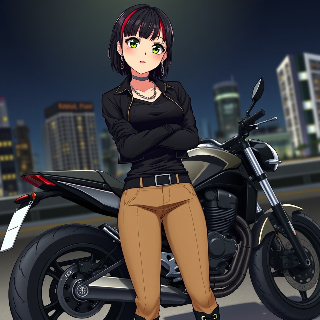یک دختر جوان با صورت سفید رژ لب و رژ گونه نچرال چشم های سبز و درشت مژه ی بلند موهای مشکی کوتاه چتری با خط های قرمز پیرهن مشکی چسب با کت مشکی کوتاه با شلوار کتان چسب و پوتین مشکی بند دار و زنجیر طلایی روش باش ، دستکش مشکی دستشه کنار یک موتور سیکلت خفن پشتش هم شهر باشه و توی شهر باشه و با گردنبند نقره ای زنجیره ای و گوشواره ی نقره ای زنجیری دست به سینه واستاده باشه در شب15