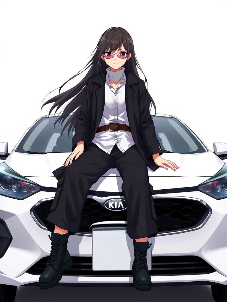 دختری با مو های دراز سیاه ، کت سیاه کوتاه و یقه باز و پیرهن سفید دکمه ای و کمربند سیاه و شلوار کارگو سیاه و پوتین سیاه و عینک آفتابی زده و نشسته روی کاپوت یک کیا سراتو سفید 10