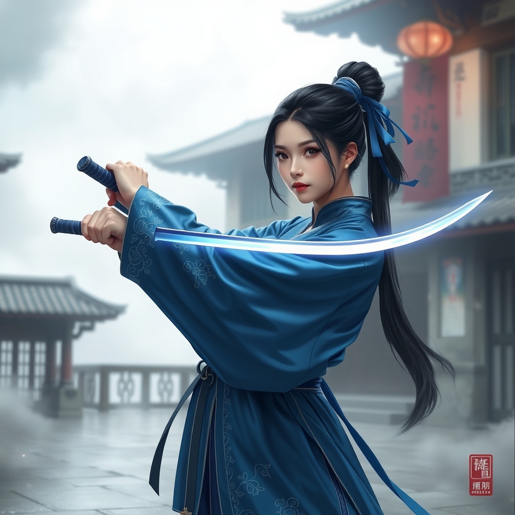 یک دختر چینی با لباس های توری و حریری به رنگ آبی و مو های بسته شده ی باز که در حال تمرین با شمشیر جادویی به رنگ نیلی است3