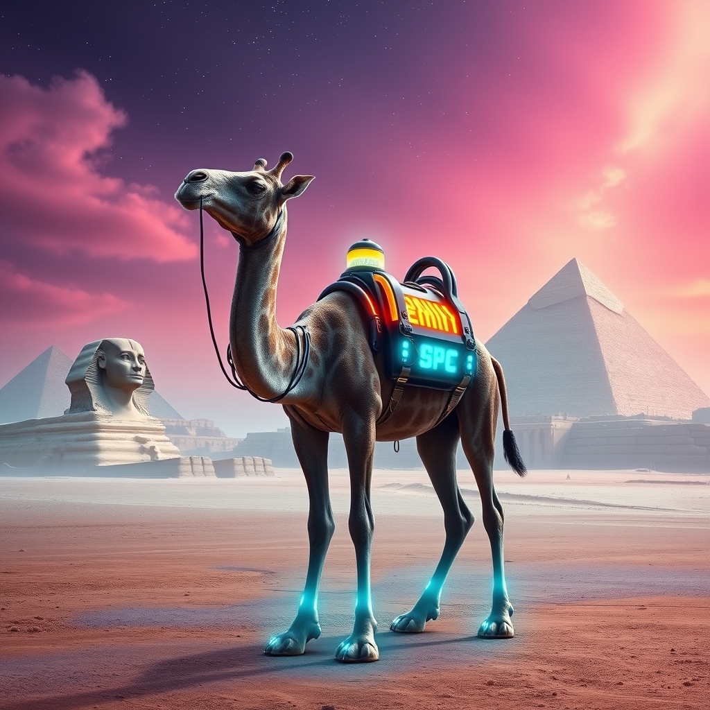 یک شتر دو کوهان با پوست و سر زرافه پاهای بلند در پشت صحنهبیابان مصر و ابوالهل و اهرام مصر است.22