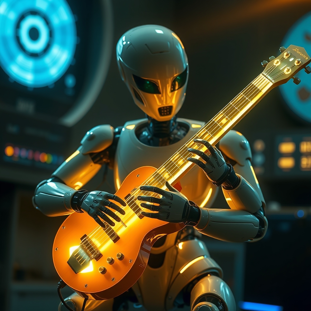 یک ساز موسیقی آیندهنگر با رشتههای هولوگرافیک درخشان، در حال نواختن توسط یک ربات.5