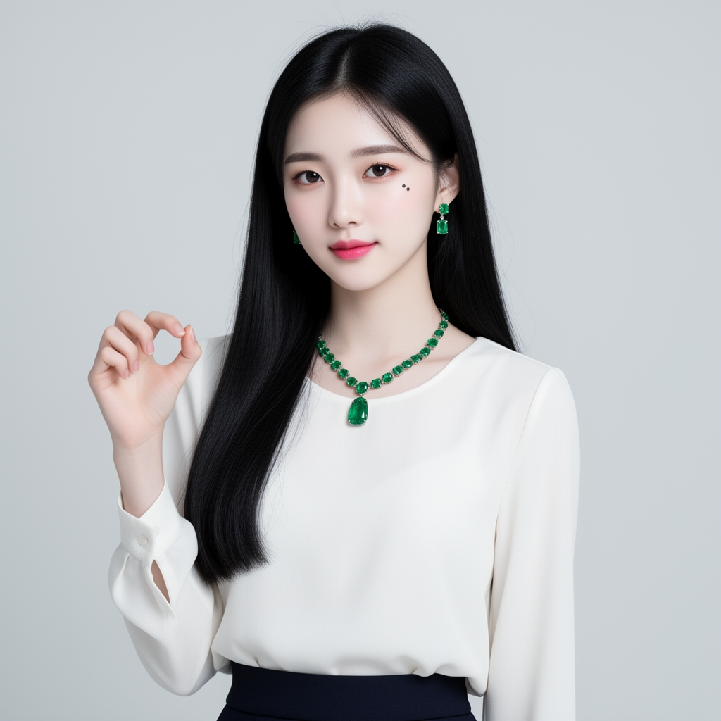 یک دختر با موهای مشکی لخت بلند صورتش سفید است لب های قلبی شکل و صورتی دارد چشم هایش مشکی و کره ای است زیر چشمش یک خال زیبا و کوچک دارد ابرو های نه پهن نه نازک یک گردنبند و گوشواره زمرد سبز رنگ دارد لاغر است یک لباس ساده و شیک دارد و با دستش قلب کره ای نشان میدهد
2