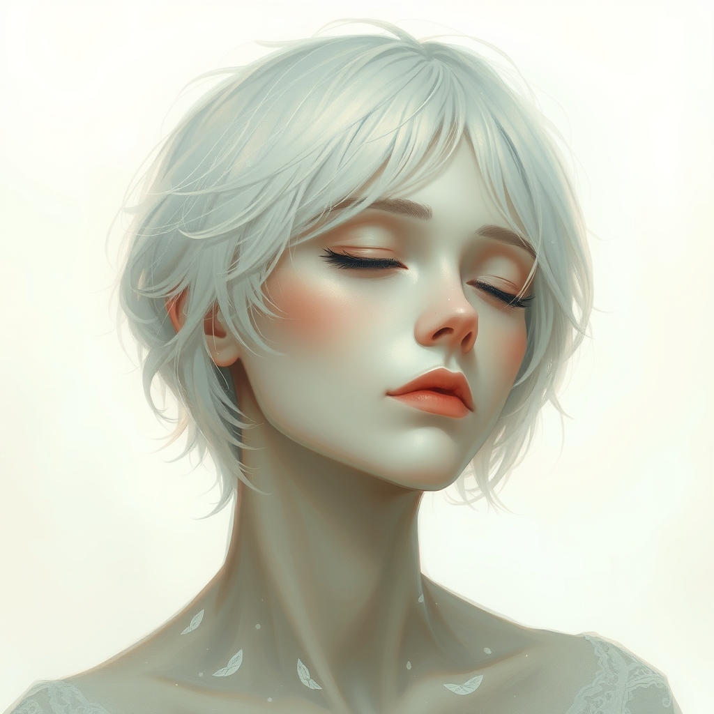 The image is a low-resolution portrait of a person with closed eyes and short, light-colored hair. The background is a plain, light-colored wall.17