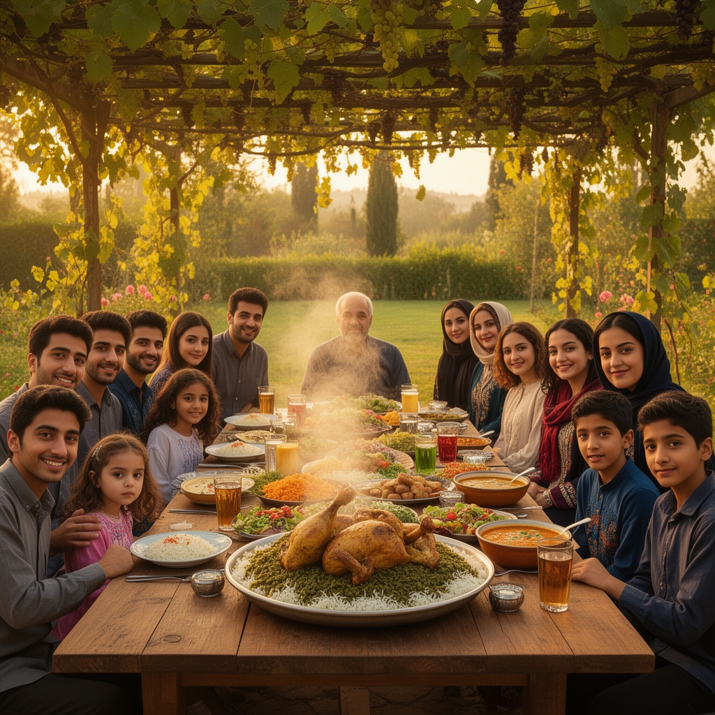 توی یک باغ یک میز بزرگ روش پر از باقالی پلو با مرغ و انواع سالاد و نوشیدنی  و سوپ یک خانواده ۱۶ نفره دور میز نشسته اند ۴ مرد جوان و ۱ مرد میان سال و ۴ زن جواو و ۱ زن میان سال و ۲ دختر ۱۵ ساله و ۱ دختر کوچک و ۴ تا پسر بچه ایرانی باشند و زیر طاق انگوری نشسته باشند1