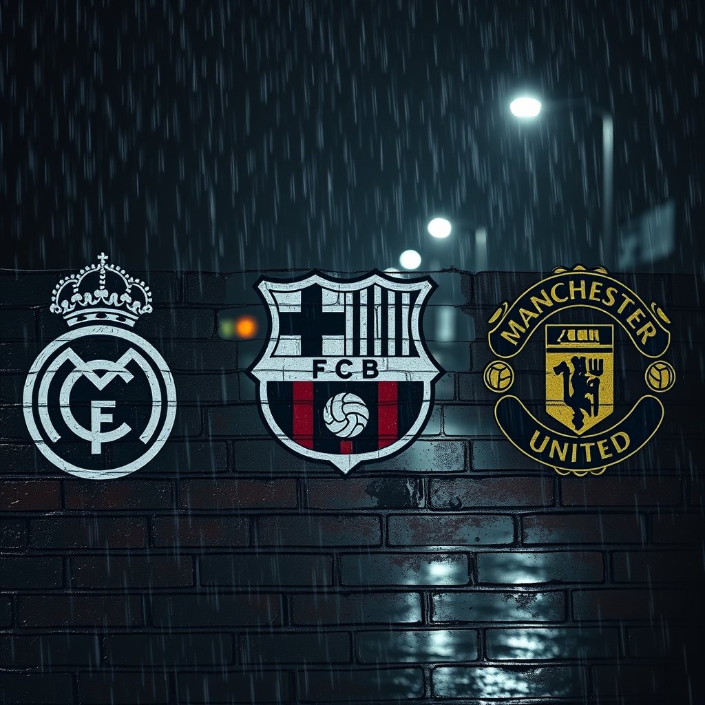 لوگوی باشگاه رئال مادرید و بارسلونا و منچستریونایتد روی دیوار زیر باران3
