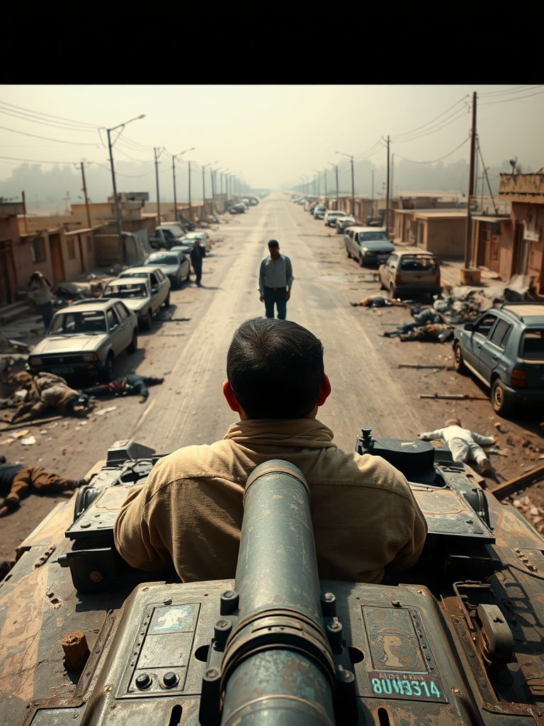 از دید سرباز عراقی که بالای تانک هست و به سمت مردی که حدودا ۲۰ متر با تانک فاصله دارد داره نگاه نگاه میکنه و جلو و کنار خیابون هم هم ماشین های خراب و آوار ریخته شده باشن و چند تا پیکر شهدا هم پشتش باشن و قسمتی از جلوی تانک هم معلوم باشه و لوله تانک مستقیم به جلو نشونه رفته باشه
21