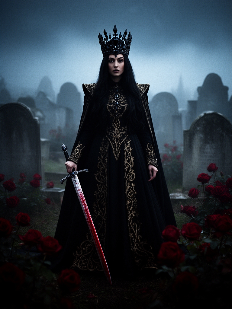 ملکه‌ای‌زیبا‌و وبور‌ با‌لباس‌های‌سیاه‌سلطنتی‌‌وتاج‌سیاه‌
که‌بر‌موهای‌سیاه‌بنلدش‌است‌در‌قبرستان‌تاریک‌سطنتی‌
که‌یک‌‌‌شمشیر‌خونی‌در‌دست‌دارد
پس‌زمینه:‌قبرستان‌‌سلطنتی‌تاریک‌ونمور‌با‌گل‌های‌‌رزسرخ‌‌5