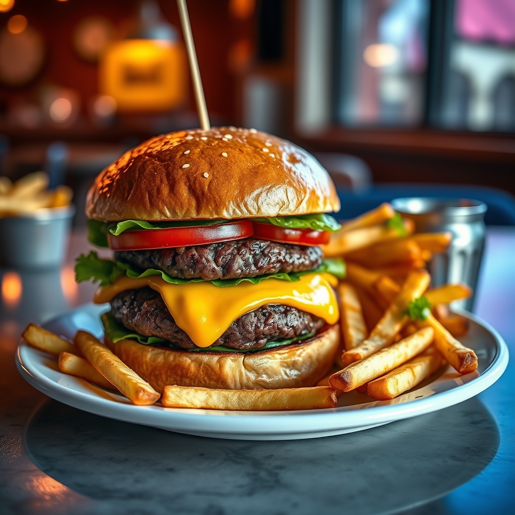 برگر و سیب زمینی سرخ شده فوق العاده واقعی و خوشمزه در بشقاب، رنگ های زنده، نورپردازی سینمایی، HDR، 8k، عکاسی زیبا19
