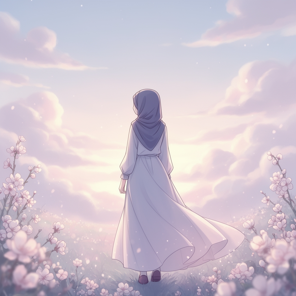دختر محجبه با لباس بلند از پشت سر در مکانی رویایی3