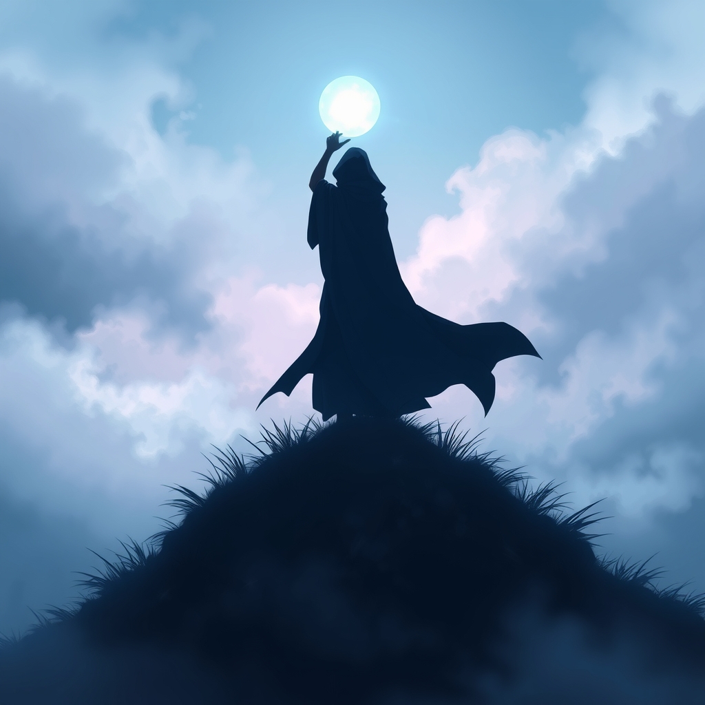 یک شبح مرموز از فردی که یک کره درخشان در دست دارد، ایستاده روی تپه‌ای مه‌آلود.20