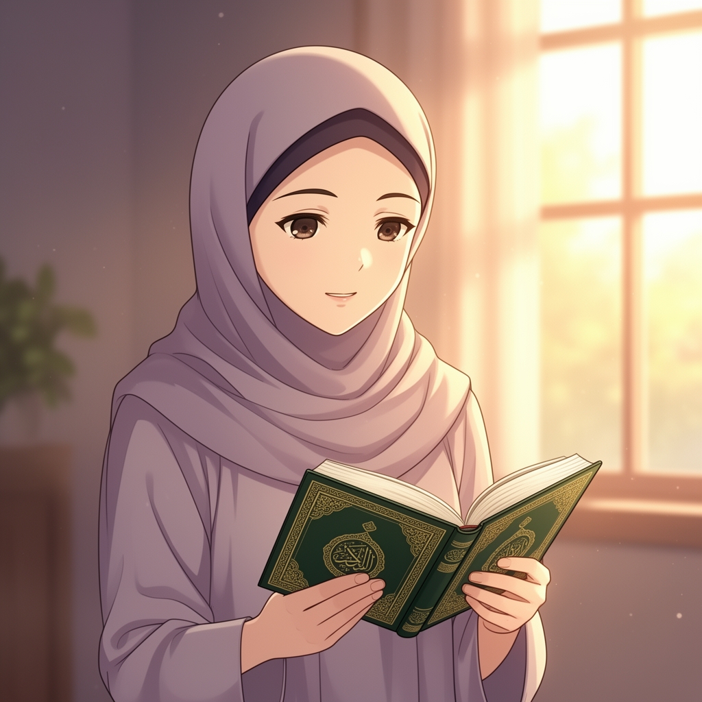 انیمه ای که قرآن در دستش گرفته است و باحجاب است3